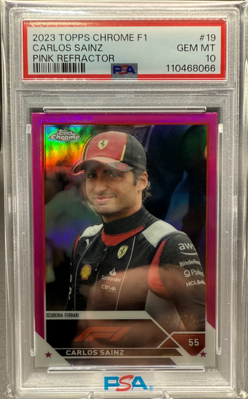 2023 Topps Chrome F1 Carlos Sainz Pink Refractor 21/75 PSA 10 Population 2