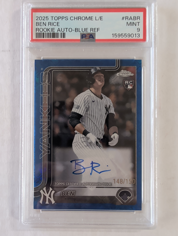 2025 TOPPS CHROME LOGOFRACTOR BEN RICE RC BLUE REFRACTOR AUTO /150 PSA 9