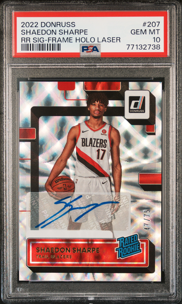 2022-23 Donruss Shaedon Sharpe Holo Laser Frame Rated Rookie Auto SP 47/75 #207 PSA 10