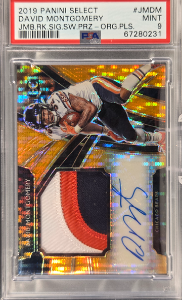 2019 Select David Montgomery Jumbo Rookie Swatch Orange Pulsar Auto 5/23 #JM-DM PSA 9