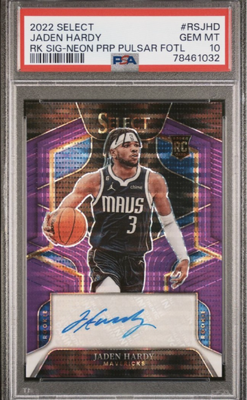 2022-23 Select PSA 10 Jaden Hardy FOTL Purple Pulsar RC Rookie Auto 8/15 Mavs