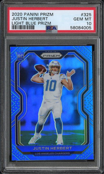 2020 Panini Prizm Justin Herbert Light Blue Prizm PSA 10