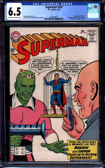 Superman #167 (1964) CGC 6.5 -- O/w to w; 1st Luthor & Brainiac team-up; Origin