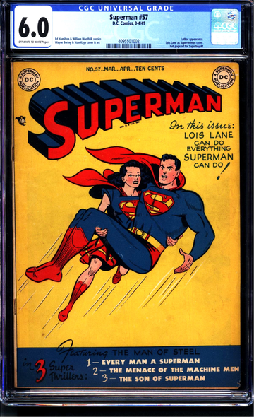 Superman #57 (1949) CGC 6.0 -- O/w to white pgs; Luthor app. Lois Superwoman cvr