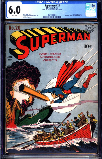 Superman #20 (1943) CGC 6.0 -- White pages; Burnley WWII cover; Jerry Siegel