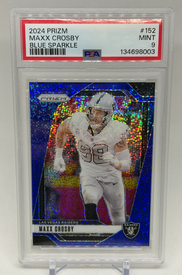 MAXX CROSBY 2024 PRIZM BLUE SPARKLE /96 PSA 9