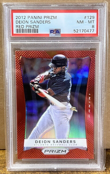 2012 Prizm Red Deion Sanders PSA 8 MN-MT First Year Prizm #129