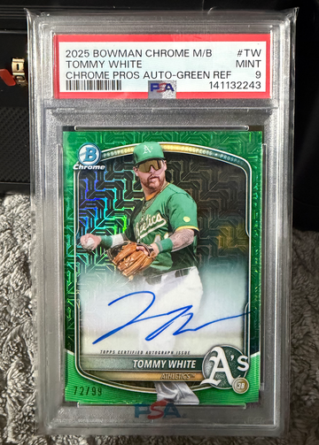 Taught me White 2025 Bowman chrome mega box auto green refractor color match A’s /99