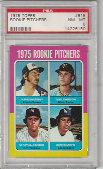 1975 Topps #618 Rookie Pitchers McGregor & Rhoden PSA NM-MT 8