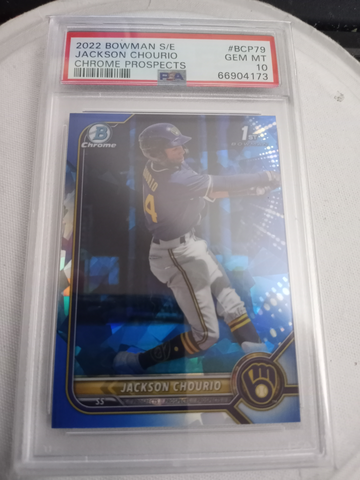 JACKSON CHOURIO 2022 Bowman Chrome Prospects BLUE SAPPHIRE #BCP79 RC PSA Gem Mint 10 Rookie Milwaukee Brewers