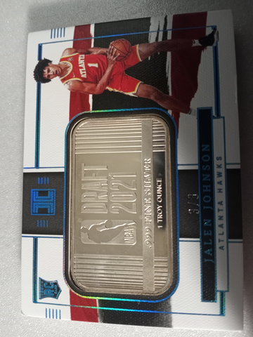 2021 Impeccable Jalen Johnson Rookie 1 OZ Silver NBA Draft Logo Bar RC FOTL #3/8 Atlanta Hawks