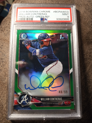 2018 Bowman Chrome Autograph WILLIAM CONTRERAS Green Refractor Auto /99 PSA 9 MINT Milwaukee Brewers
