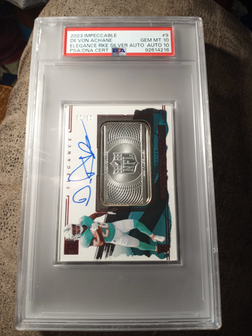 PSA 10 10 GEM MINT 2023 Impeccable Silver Bar Auto DE’VON ACHANE /19 Miami Dolphins RC Super Rare for 10 in any of these
