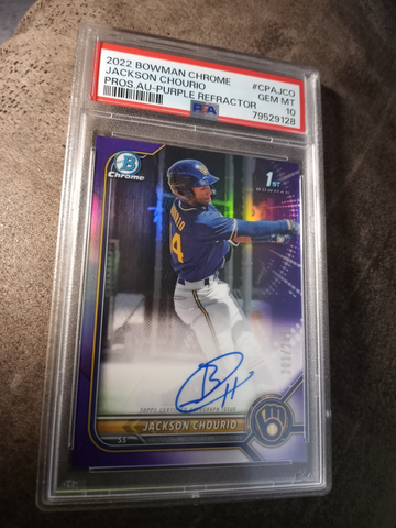 JACKSON CHOURIO PSA 10 GEM MINT 2022 BOWMAN CHROME 1ST PURPLE REFRACTOR ROOKIE AUTO #/250 Milwaukee Brewers RC