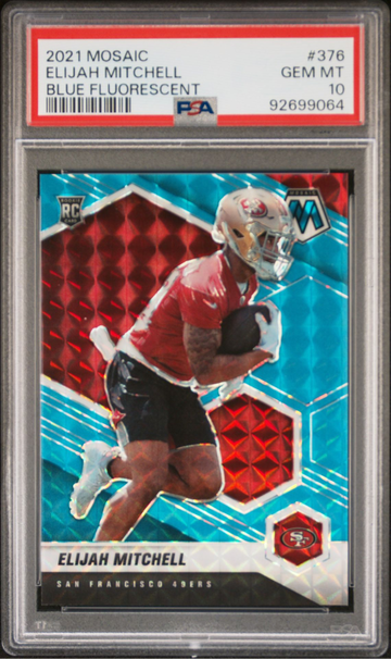 ELIJAH MITCHELL 2021 MOSAIC #376 BLUE FLUORESCENT ROOKIE SSP /15 PSA 10 - POP 3