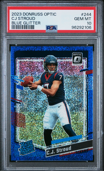 CJ STROUD 2023 PANINI OPTIC BLUE GLITTER #244 ROOKIE RC SSP PSA 10 - LOW POP