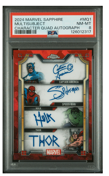 2024 Topps chrome Marvel sapphire red /5 quad auto PSA 8 hulk Thor Capt spider man