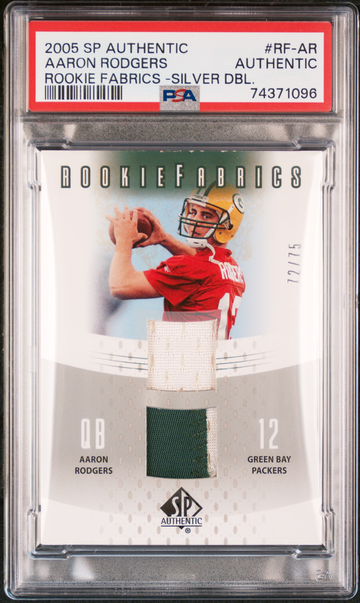 2005 SP AUTHENTIC AARON RODGERS ROOKIE FABRICS SILVER DOUBLE PSA AUTHENTIC