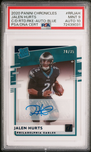 2020 PANINI CHRONICLES CLEARLY DONRUSS BLUE JALEN HURTS RC /35 PSA 9 PSA/DNA 10 AUTO