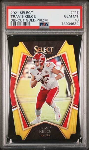 2021 PANINI SELECT TRAVIS KELCE DIE-CUT GOLD PRIZM PSA 10
