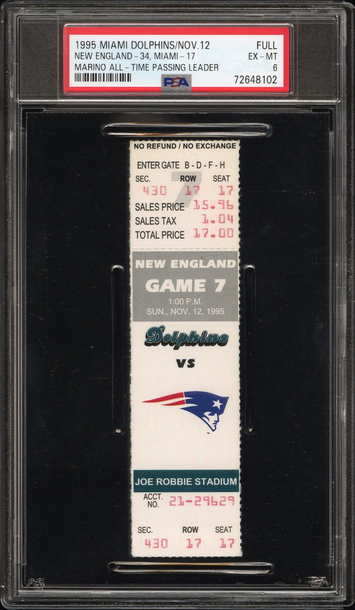 1995 MIAMI DOLPHINS FULL TICKET NOV 12 1995 MARINO ALL-TIME PASSING LEADER PSA 6