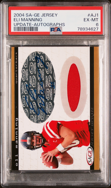 2004 SA-GE HIT ELI MANNING AUTOGRAPH JERSEY UPDATE PSA 6