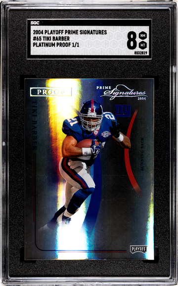 2004 PLAYOFF PRIME SIGNATURES TIKI BARBER PLATINUM PROOF 1/1 SGC 8