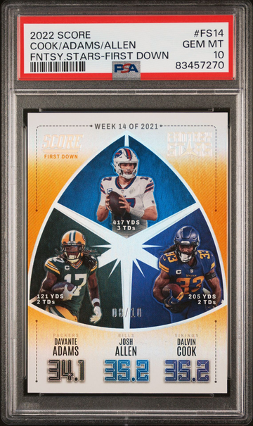 2022 SCORE FANTASY STARS FIRST DOWN DALVIN COOK/DAVANTE ADAMS/JOSH ALLEN PSA 10