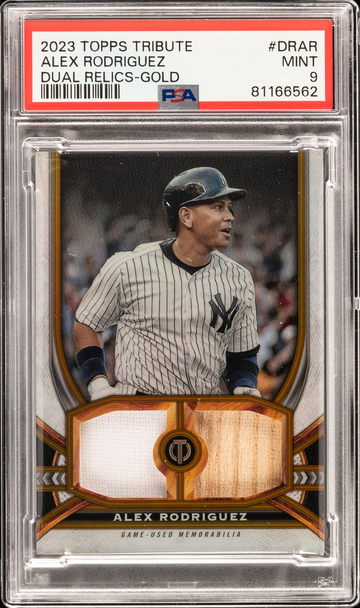 2023 TOPPS TRIBUTE TRIBUTE DUAL RELIC SINGLE PLAYER GOLD ALEX RODRIGUEZ /75 PSA 9