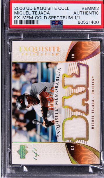 2006 Upper Deck Exquisite Collection Exquisite Memorabilia Gold Spectrum Miguel Tejada Relic Card 1/1 PSA Authentic