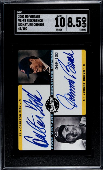 2002 UPPER DECK VINTAGE SIGNATURE COMBOS CARLTON FISK/JOHNNY BENCH /100 SGC 8.5