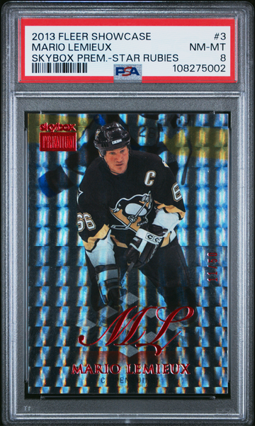2013-14 FLEER SHOWCASE SKYBOX PREMIUM #3 MARIO LEMIEUX STAR RUBIES #D /50 PSA 8