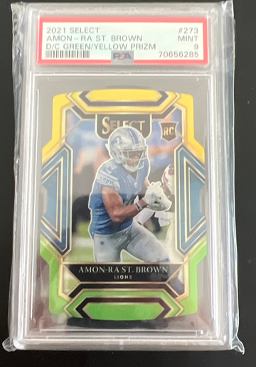 2021 Select D/C Green Yellow Prizm Amon Ra St Brown RC #273 PSA9