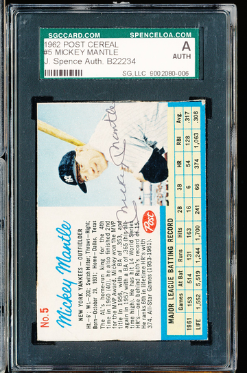 1962 Post #5 Mickey Mantle signed/autograph SGC/JSA