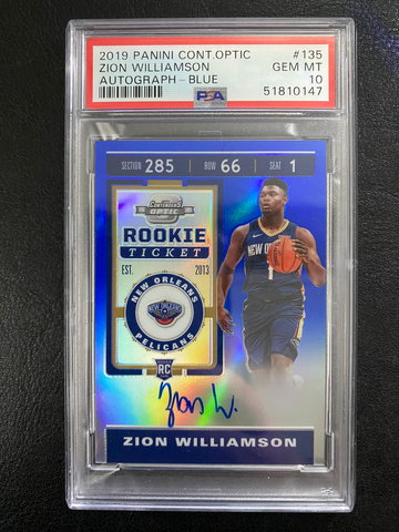 2019 Zion Williamson RC #135 Contenders Optic Auto Blue SP /35 PSA 10 POP 5!