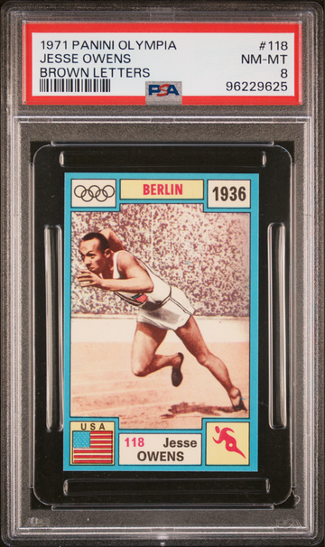 1971 Panini Olympia Italian Sticker Brown Letters Jesse Owens Track & FIeld Olympic PSA 8 #118