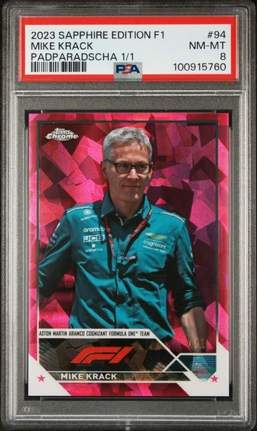 2023 Topps Chrome Sapphire F1 Mike Krack Padparadscha 1/1 PSA 8 Formula 1 Aston Martin #94