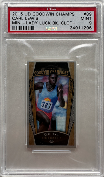 2015 Upper Deck Goodwin Champions Carl Lewis Mini Cloth Lady Luck Back /50 Track & Field HOF #89