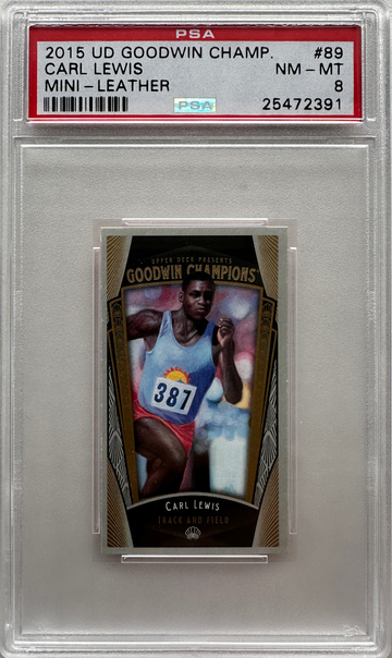 2015 Upper Deck Goodwin Champions Carl Lewis Mini Leather Magician Back /15 Track & Field HOF #89