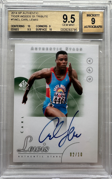 2014 Upper Deck SP Tiger Woods ‘01 Tribute Carl Lewis On Card Auto /10 Authentic Stars Track & Field HOF