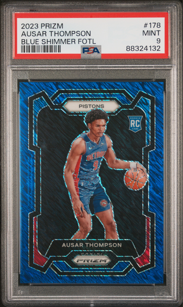 2023 Panini Prizm FOTL Ausar Thompson Rookie Blue Shimmer Prizm /35 Detroit Pistons Color Match RC PSA 9