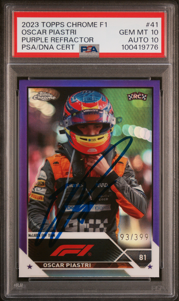 2023 Topps Chrome F1 Oscar Piastri Rookie On Card Auto Purple Refractor /399 McLaren Helmet #41 PSA 10 Auto 10