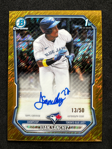 2026 Bowman Juan Sanchez 1st Chrome Prospect Rookie RC Gold Shimmer Auto /50 SP