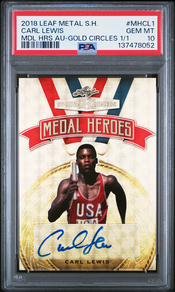 2018 Leaf Metal Sports Heroes Carl Lewis Superfractor Auto 1/1 Medal Heroes Gold Circles PSA 10 Track & Field