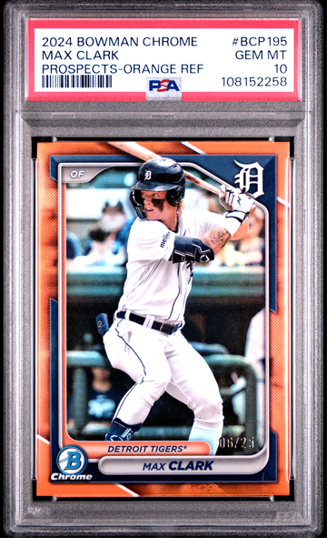 2024 Bowman Chrome Max Clark Orange Refractor /25 PSA 10 Prospect Rookie Tigers Color Match RC