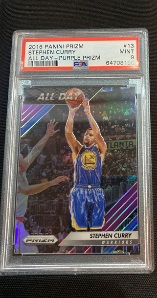 2016 Panini Prizm Stephen Curry Warriors All Day -Purple Prizm /75 #13 PSA MINT 9
