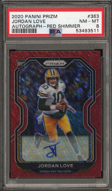 Jordan Love Rookie Prizm Red Shimmer Auto /35 PSA 8