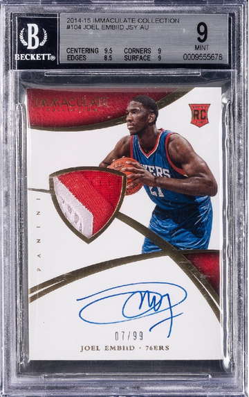2014-15 IMMACULATE COLLECTION JERSEY AUTO #104 JOEL EMBIID RC /99 BGS 9 AUTO 10