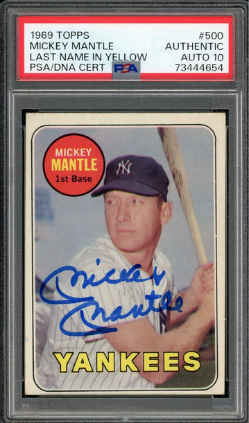 1969 Topps Mickey Mantle Last Name in Yellow Auto Grade Only #500 PSA 10