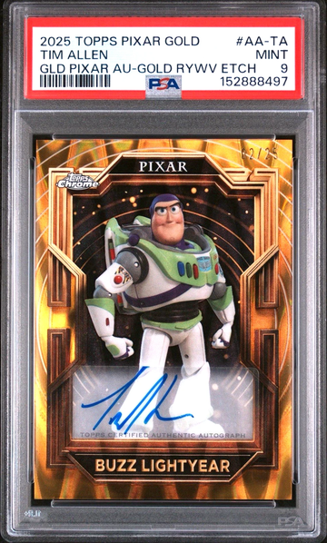Buzz Lightyear Tim Allen Auto PSA 9 2025 Topps Chrome Pixar #AA-TA Gold Raywave Etch /25